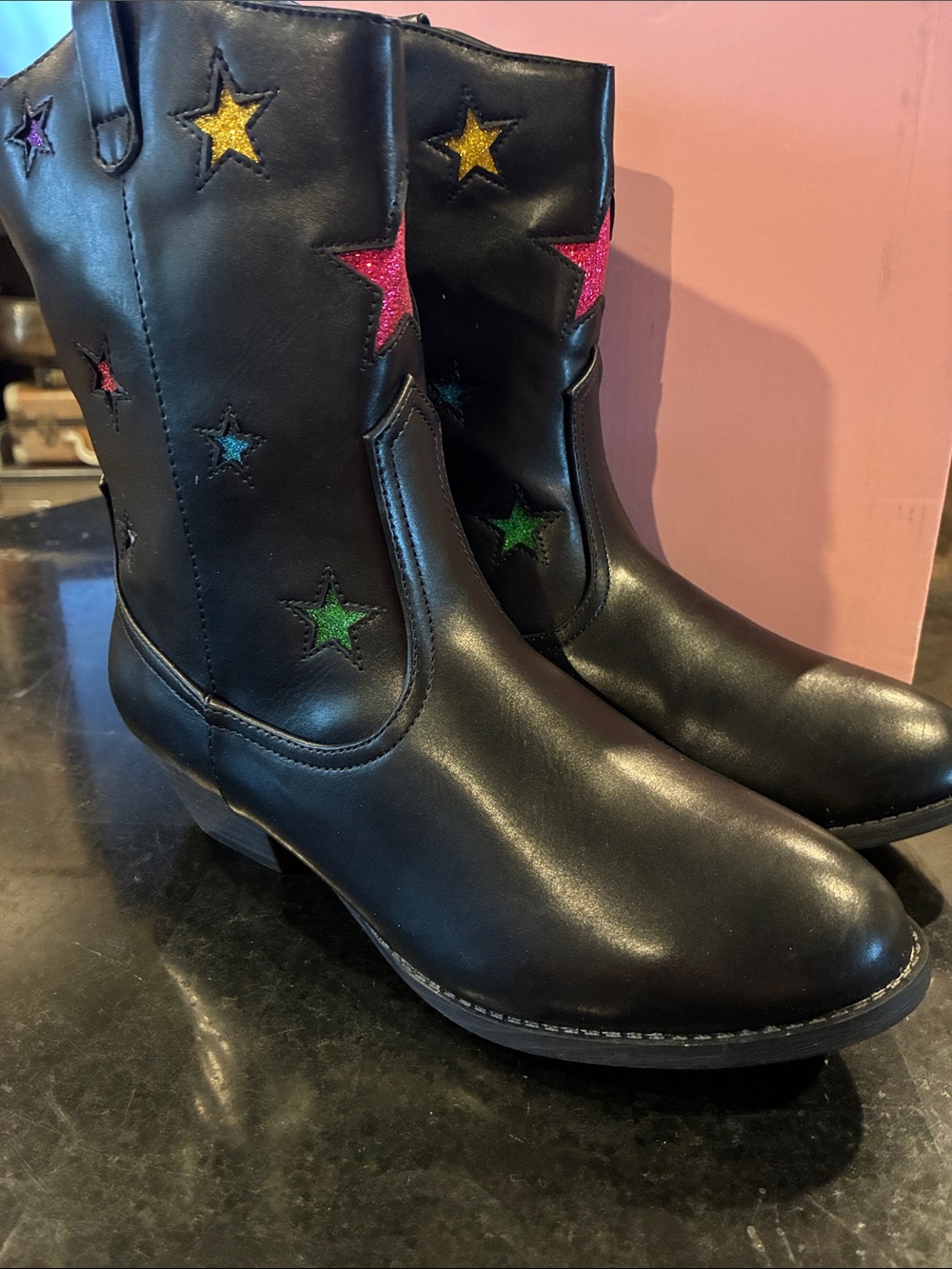 NEW MIA Kids Black Western Boots with Multicolor Star Accents